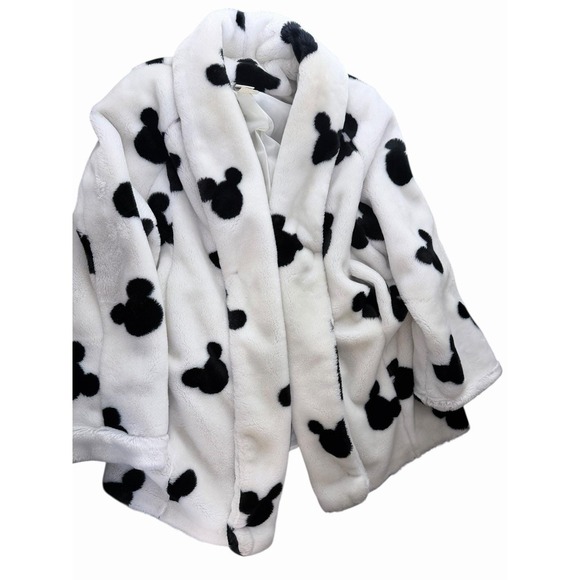 Disney Mickey Mouse Faux Fur Coat Women Lg White Black Silhouette Plush Jacket